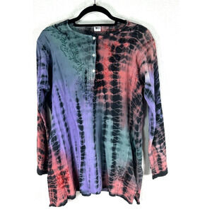 ZAD Shirt 100% Cotton Kurta Crepe Edgy Tye Dye Pattern 3 Buttons Multicolor L XL